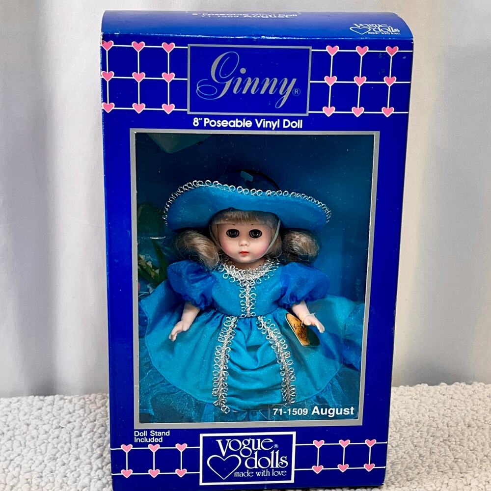 Ginny August 8" Poseable Vinyl Doll 1986 Vogue Dolls 71-1509 W/ Stand NIB NFRB